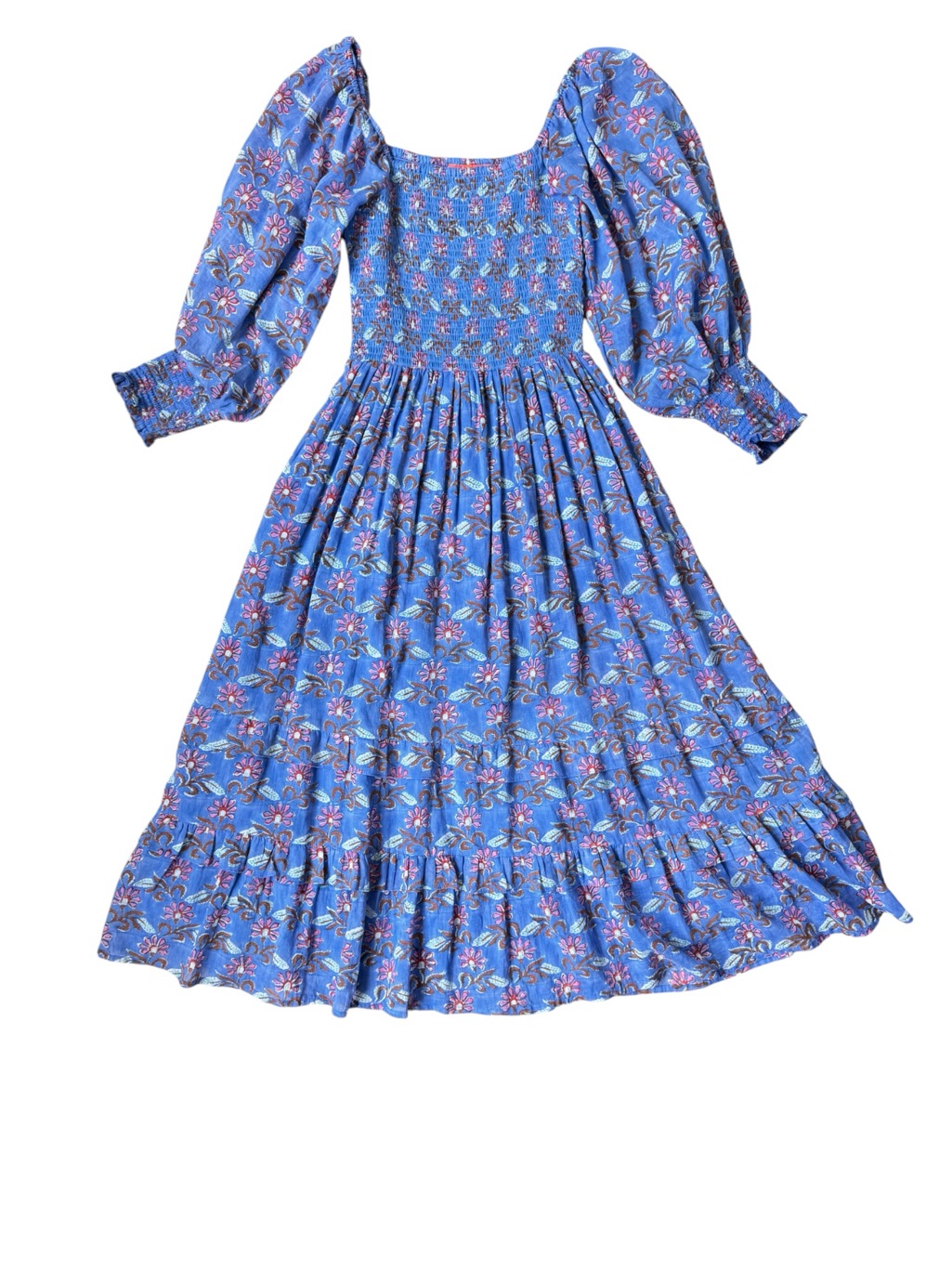 Oliphant Blue Floral Smocked Cotton Midi Dress Size M